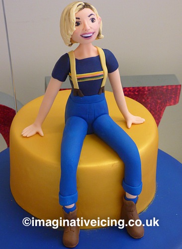 Doctor Who 13th Doctor Regeneration / Birthday Cake - with icing model of Jodie Whittaker 2018 - close up