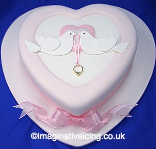 Love Birds Pink Heart Engagement Cake with ring