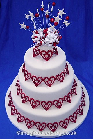 Wedding Cake with Red Sparkle Hearts