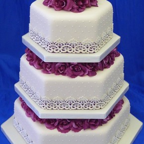 Plummy Pink & Ivory Lace Hexagonal 3 Tier Wedding Cake