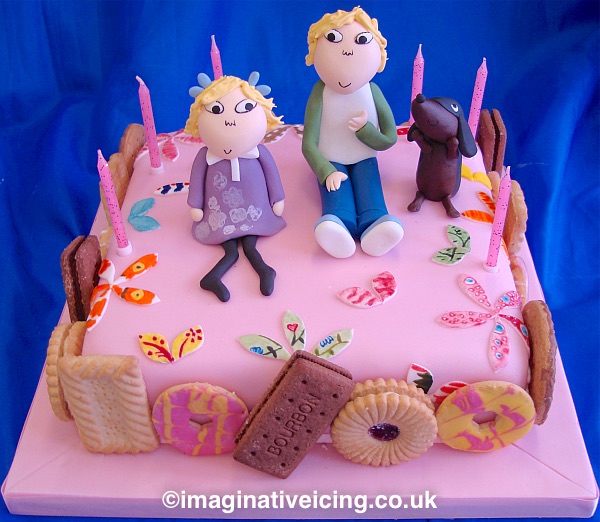 Charlie & Lola Birthday Cake - Sizzles the dog, flowers and biscuits.