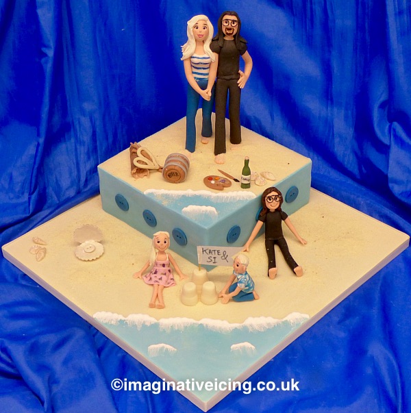 A celebratory walk on the beach... Cake. Square cake iced to look like a beach with standing icing figures of the newly wedded couple taking stroll placed on a larger than normal cake board for extra space to add more beach and icing models of the family making sandcastles and relaxing on the sand.