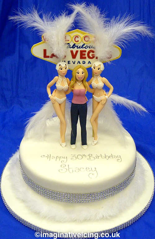 Welcome to Fabulous Las Vegas Dancing Girls Birthday Cake - This cake was made for a girl who was being surprised on her birthday with tickets for a trip to Las Vegas. Icing models of dancing girls stand each side of the birthday person who is being welcomed to Fabulous Las Vegas! An edible icing sign stands behind the figures.